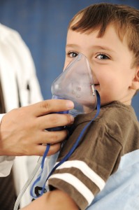 Doctor, child, inhaler mask for breathing, hospital